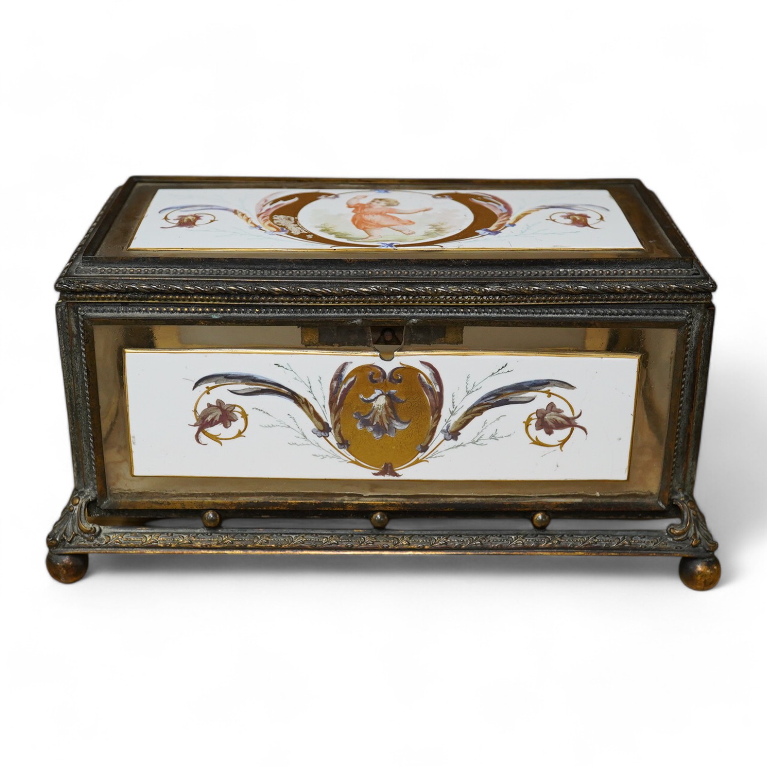 An early 20th century French painted glass and gilt metal casket, 20cm wide. Condition - fair